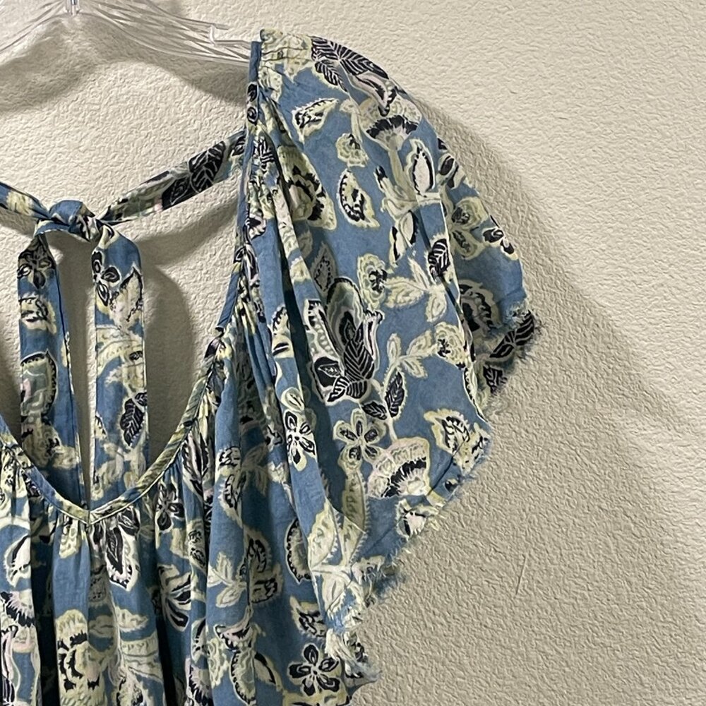 FREE PEOPLE "Kauai Getaway" Tunic Mini Dress Flutter Sleeve Blue/Green Floral L - Picture 6 of 13